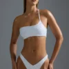 Oh Polly Swim: HOTFIX Edition Embellished One-Shoulder Bandeau Bikini Top in White