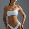 Oh Polly Swim: HOTFIX Edition Embellished One-Shoulder Bandeau Bikini Top in White