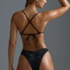 Oh Polly Swim: HOTFIX Edition Embellished V-Shaped High-Leg Cheeky Bikini Bottoms in Black