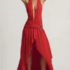 Oliana Asymmetric Halterneck Maxi Dress in Chilli Red