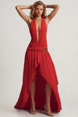 Oliana Asymmetric Halterneck Maxi Dress in Chilli Red