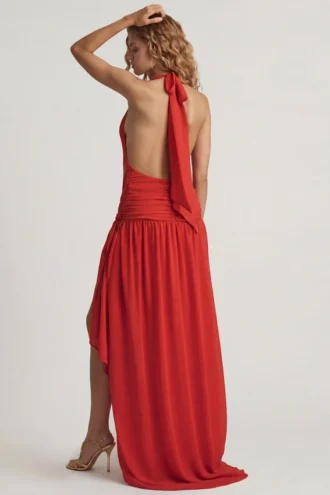 Oliana Asymmetric Halterneck Maxi Dress in Chilli Red