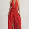 Oliana Asymmetric Halterneck Maxi Dress in Chilli Red