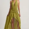 Oliana Asymmetric Halterneck Maxi Dress in Olive Green