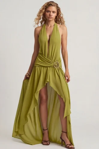 Oliana Asymmetric Halterneck Maxi Dress in Olive Green