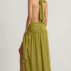 Oliana Asymmetric Halterneck Maxi Dress in Olive Green