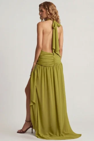 Oliana Asymmetric Halterneck Maxi Dress in Olive Green