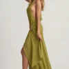 Oliana Asymmetric Halterneck Maxi Dress in Olive Green