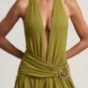 Oliana Asymmetric Halterneck Maxi Dress in Olive Green
