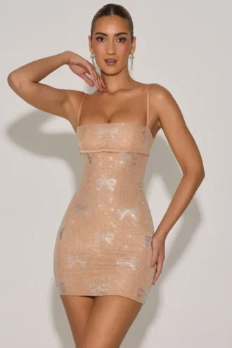 Olwen Embellished Bow-Detail Mini Dress in Almond