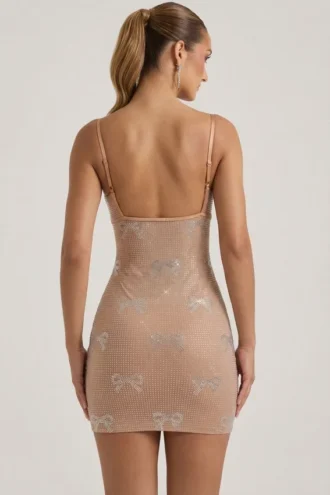 Olwen Embellished Bow-Detail Mini Dress in Almond