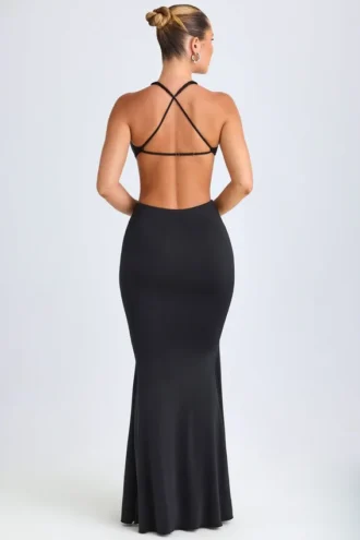 Omarosa Hardware Detail Cut-Out Halterneck Maxi Dress in Black