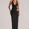 Oona Deep Plunge Halterneck Maxi Dress in Black