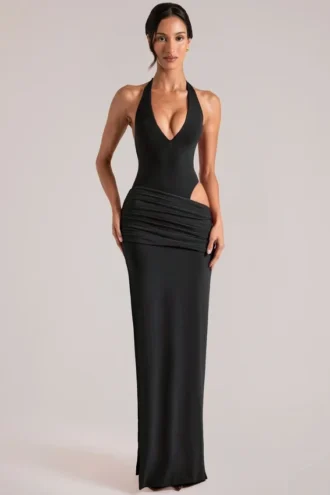 Oona Deep Plunge Halterneck Maxi Dress in Black