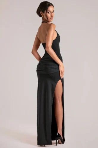 Oona Deep Plunge Halterneck Maxi Dress in Black