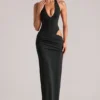 Oona Deep Plunge Halterneck Maxi Dress in Black