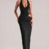 Oona Deep Plunge Halterneck Maxi Dress in Black