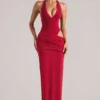 Oona Deep Plunge Halterneck Maxi Dress in Cherry Red