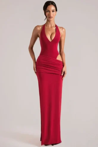 Oona Deep Plunge Halterneck Maxi Dress in Cherry Red