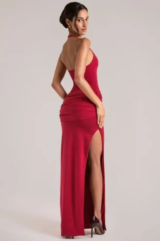 Oona Deep Plunge Halterneck Maxi Dress in Cherry Red