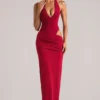 Oona Deep Plunge Halterneck Maxi Dress in Cherry Red
