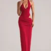 Oona Deep Plunge Halterneck Maxi Dress in Cherry Red