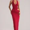 Oona Deep Plunge Halterneck Maxi Dress in Cherry Red
