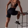 Open Back Square Neck Sports Bra in Black