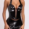 Ophelia Vinyl Halter Neck Lace Up Corset Crop Top in Black