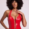Ophelia Vinyl Halter Neck Lace Up Corset Crop Top in Fire Red