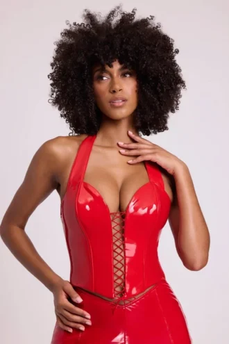 Ophelia Vinyl Halter Neck Lace Up Corset Crop Top in Fire Red