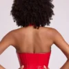 Ophelia Vinyl Halter Neck Lace Up Corset Crop Top in Fire Red