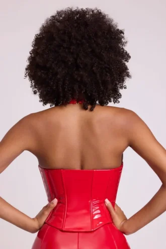 Ophelia Vinyl Halter Neck Lace Up Corset Crop Top in Fire Red