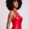 Ophelia Vinyl Halter Neck Lace Up Corset Crop Top in Fire Red