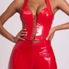 Ophelia Vinyl Halter Neck Lace Up Corset Crop Top in Fire Red