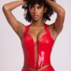Ophelia Vinyl Halter Neck Lace Up Corset Crop Top in Fire Red