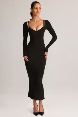 Ori Modal Peekaboo Long-Sleeve Midi Dress in Black
