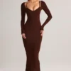 Ori Modal Peekaboo Long-Sleeve Midi Dress in Chocolate Brown