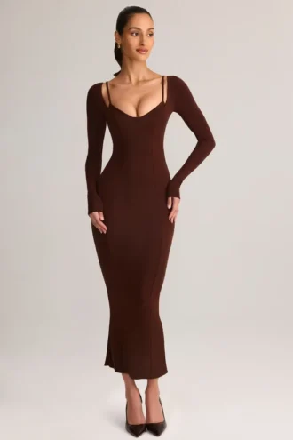 Ori Modal Peekaboo Long-Sleeve Midi Dress in Chocolate Brown