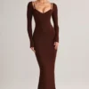 Ori Modal Peekaboo Long-Sleeve Midi Dress in Chocolate Brown