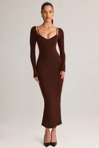 Ori Modal Peekaboo Long-Sleeve Midi Dress in Chocolate Brown