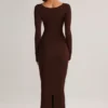 Ori Modal Peekaboo Long-Sleeve Midi Dress in Chocolate Brown