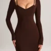 Ori Modal Peekaboo Long-Sleeve Midi Dress in Chocolate Brown