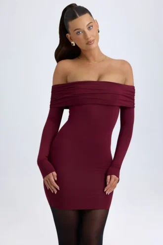 Oriana Modal Off-Shoulder Mini Dress in Wine Red