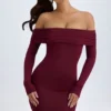 Oriana Modal Off-Shoulder Mini Dress in Wine Red