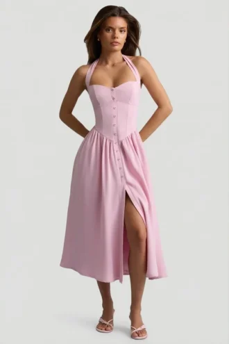 Orlena Button-Detail Halterneck Midaxi Dress in Soft Pink