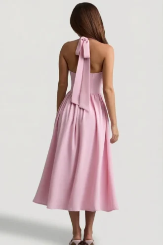 Orlena Button-Detail Halterneck Midaxi Dress in Soft Pink