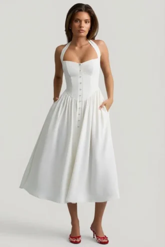 Orlena Button-Detail Halterneck Midaxi Dress in White