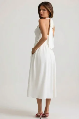 Orlena Button-Detail Halterneck Midaxi Dress in White