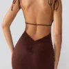 Orli Slinky Jersey Open Back Mini Dress in Espresso